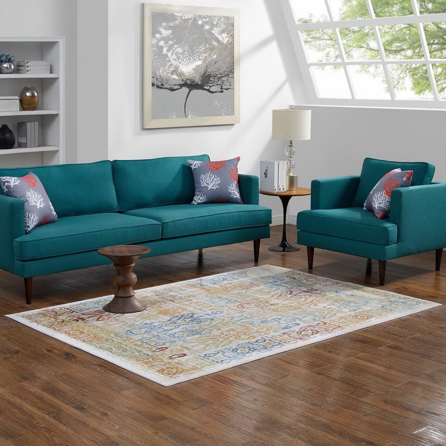 Multicolored distressed Southwestern Aztec area rug (4x6) on the floor.