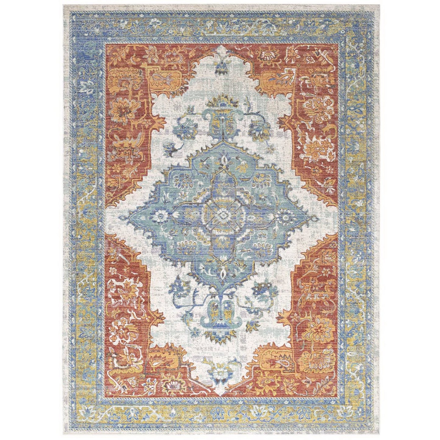 Distressed Southwestern Aztec area rug with geometric motifs in blue, ivory, rust and yellow, featuring layered blue-yellow borders.