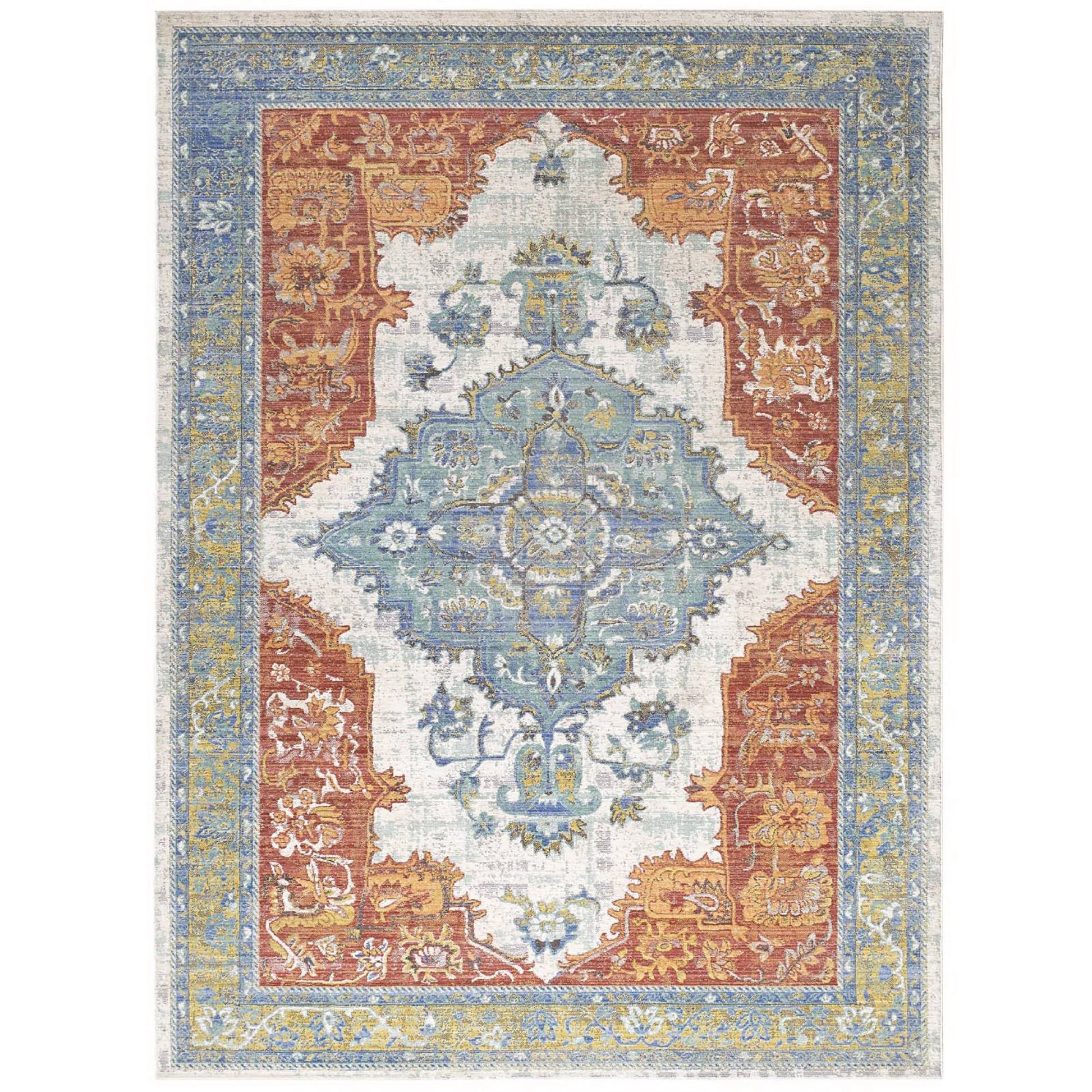 Distressed Southwestern Aztec area rug with geometric motifs in blue, ivory, rust and yellow, featuring layered blue-yellow borders.
