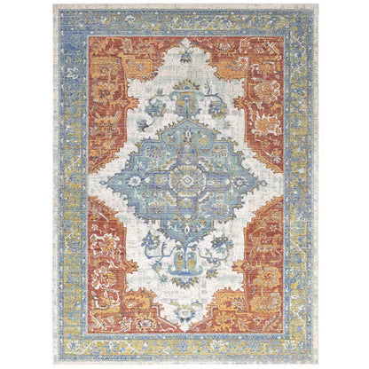 Distressed Southwestern Aztec area rug with geometric motifs in blue, ivory, rust and yellow, featuring layered blue-yellow borders.