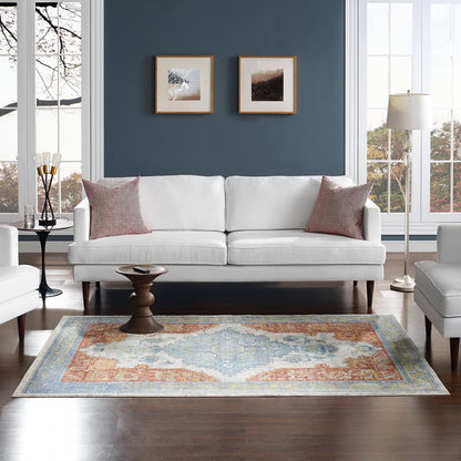 Multicolored distressed Southwestern Aztec area rug (4x6) on a living room floor; features cream, blue and pink tones.