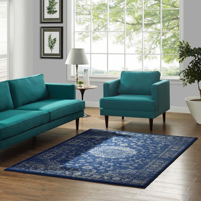 Modway Outlet Lilja Distressed Vintage Medallion 5x8 Area Rug by Modway  Living Room Rugs Moroccan Blue Beige and Ivory - R-1127A-58