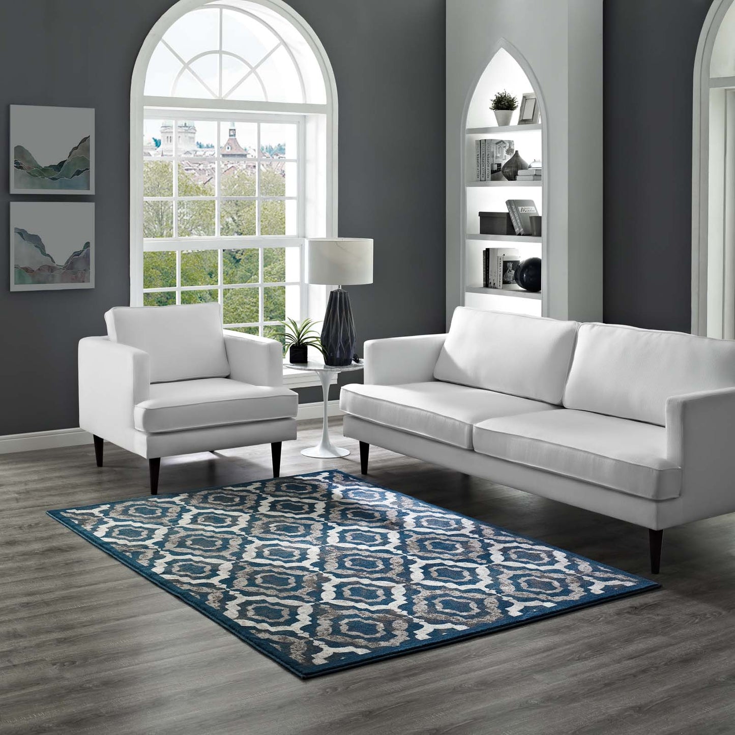 Modway Outlet Kalinda Rustic Vintage Moroccan Trellis 8x10 Area Rug by Modway  Living Room Rugs Ivory Moroccan Blue and Brown - R-1128A-810