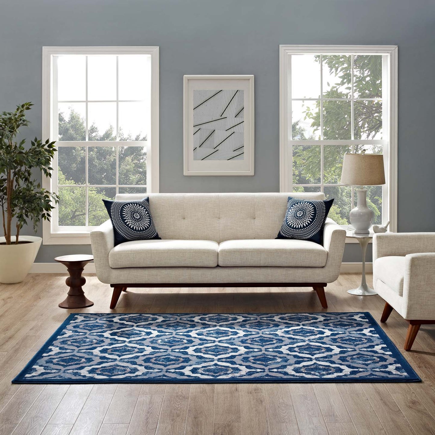Modway Outlet Kalinda Rustic Vintage Moroccan Trellis 5x8 Area Rug by Modway  Living Room Rugs Beige Moroccan Blue and Ivory - R-1128B-58