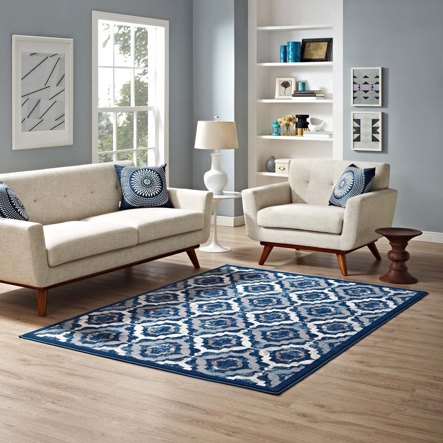 Modway Outlet Kalinda Rustic Vintage Moroccan Trellis 5x8 Area Rug by Modway  Living Room Rugs Beige Moroccan Blue and Ivory - R-1128B-58
