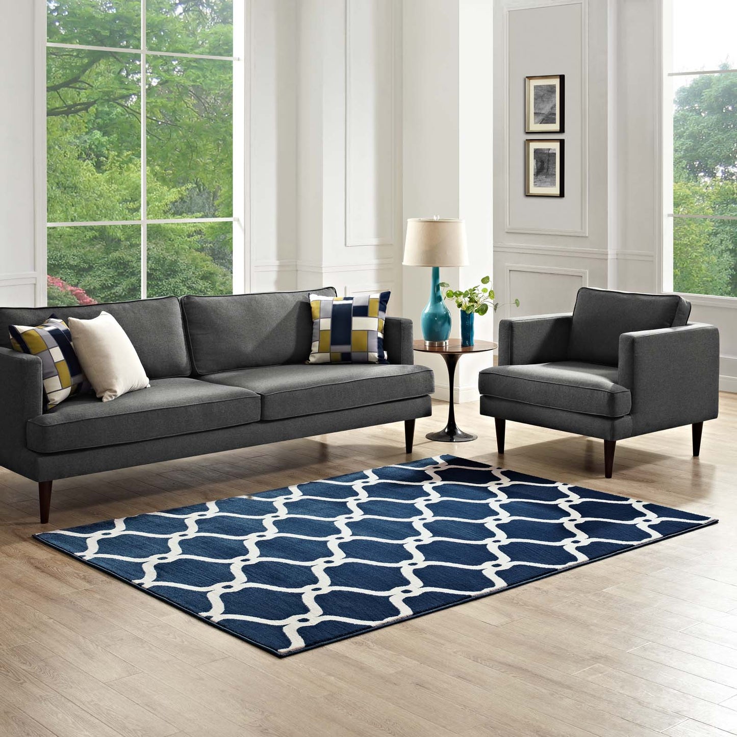 Modway Outlet Beltara Chain Link Transitional Trellis 5x8 Area Rug by Modway  Living Room Rugs Moroccan Blue and Ivory - R-1129B-58