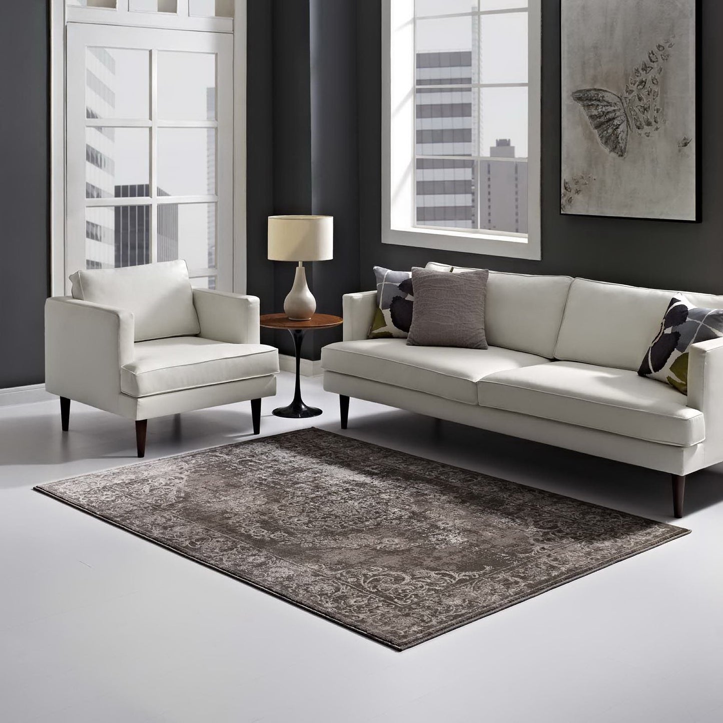 Modway Outlet Gamela Rustic Vintage Ornate Floral Medallion 5x8 Area Rug by Modway  Living Room Rugs Antique Light and Dark Brown - R-1132A-58