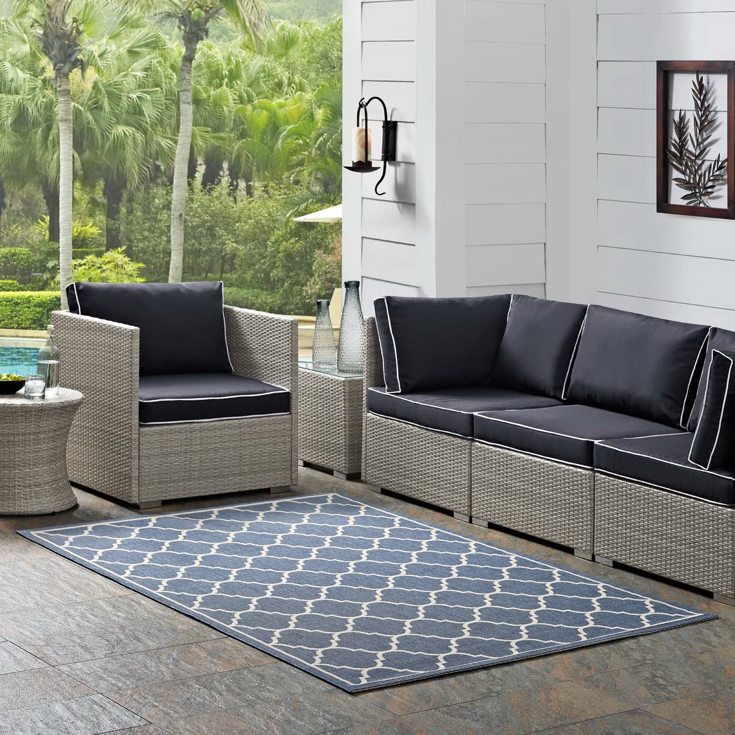 Modway Outlet Avena Moroccan Quatrefoil Trellis Indoor and Outdoor 8x10 Area Rug by Modway  Living Room Rugs Blue and Beige - R-1137A-810