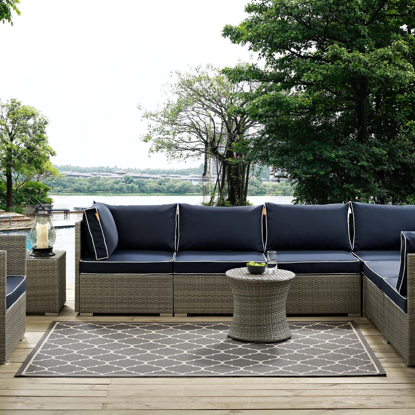 Modway Outlet Avena Moroccan Quatrefoil Trellis Indoor and Outdoor 5x8 Area Rug by Modway  Living Room Rugs Gray and Beige - R-1137B-58