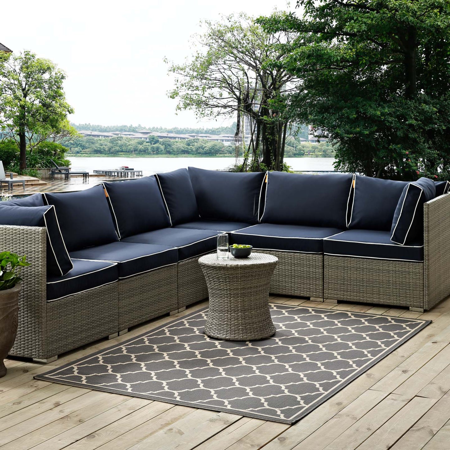 Modway Outlet Avena Moroccan Quatrefoil Trellis Indoor and Outdoor 5x8 Area Rug by Modway  Living Room Rugs Gray and Beige - R-1137B-58