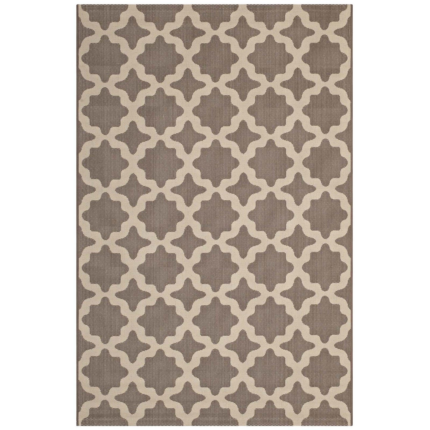 Rectangular woven rug with taupe background and beige Moroccan trellis pattern; neutral modern-traditional decor.