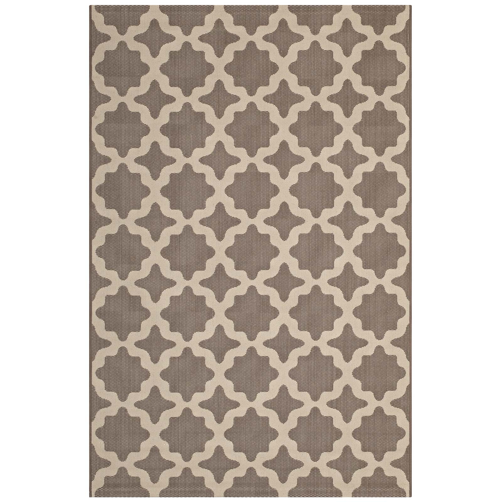 Rectangular woven rug with taupe background and beige Moroccan trellis pattern; neutral modern-traditional decor.