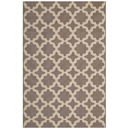 Rectangular woven rug with taupe background and beige Moroccan trellis pattern; neutral modern-traditional decor.