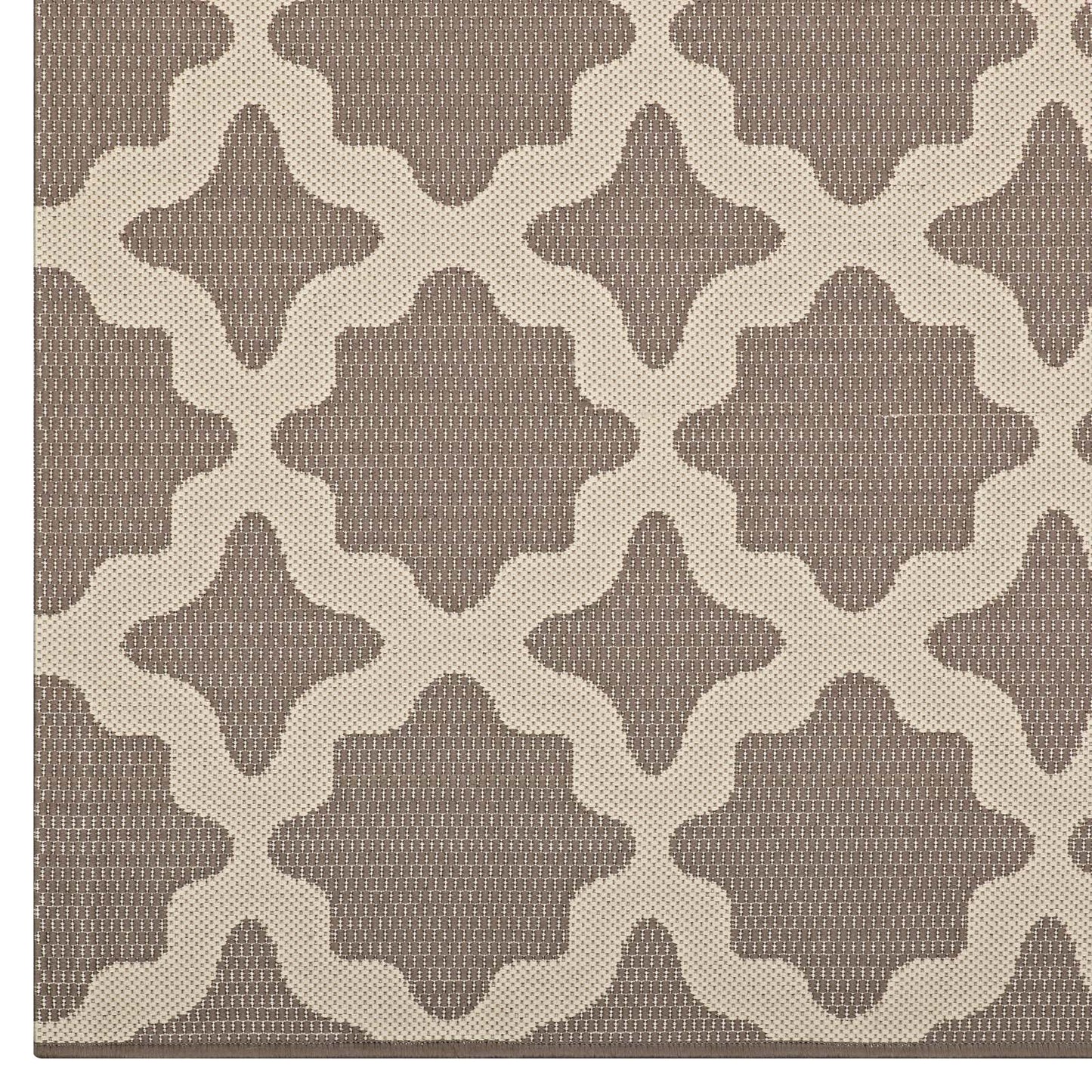 Taupe and beige woven rug with a Moroccan Trellis lattice pattern.