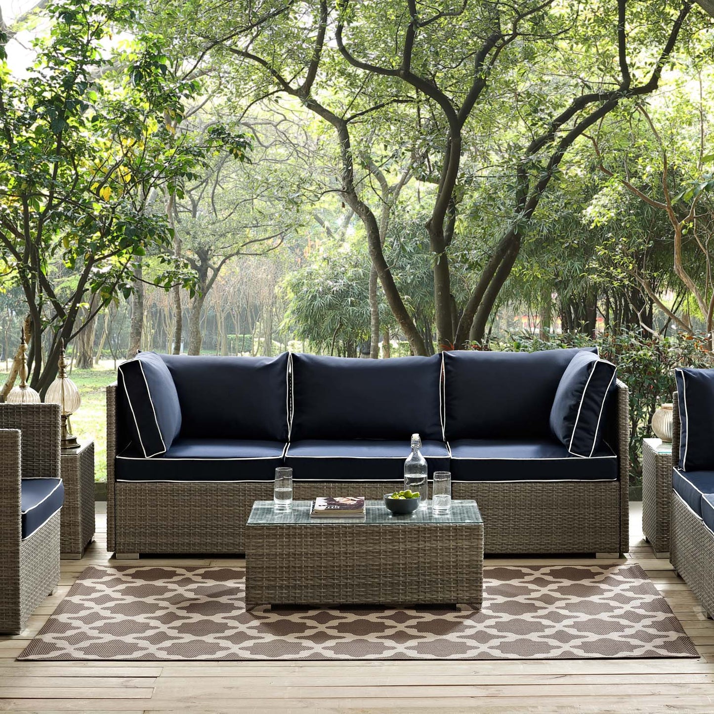 Indoor and outdoor Moroccan trellis area rug in light and dark beige, 5x8.