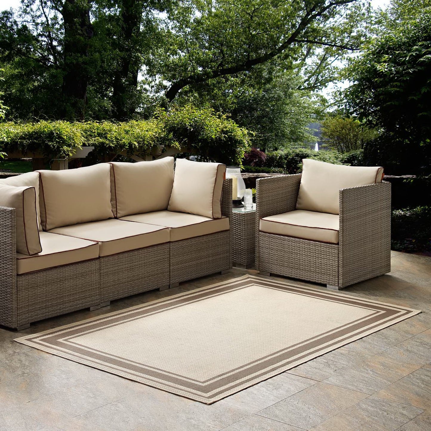 Modway Outlet Rim Solid Border Indoor and Outdoor 5x8 Area Rug by Modway  Living Room Rugs Light and Dark Beige - R-1140A-58