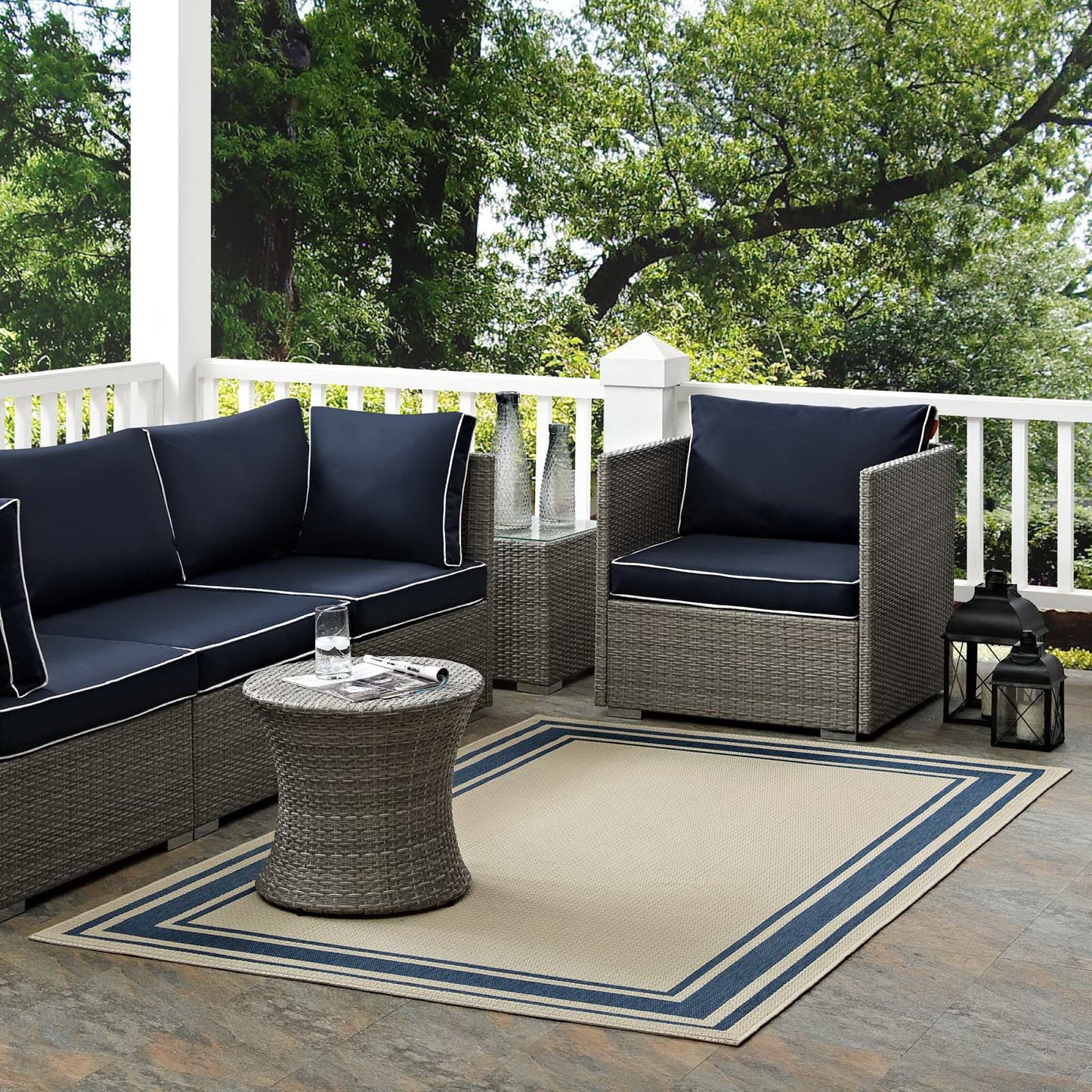 Modway Outlet Rim Solid Border Indoor and Outdoor 5x8 Area Rug by Modway  Living Room Rugs Blue and Beige - R-1140C-58