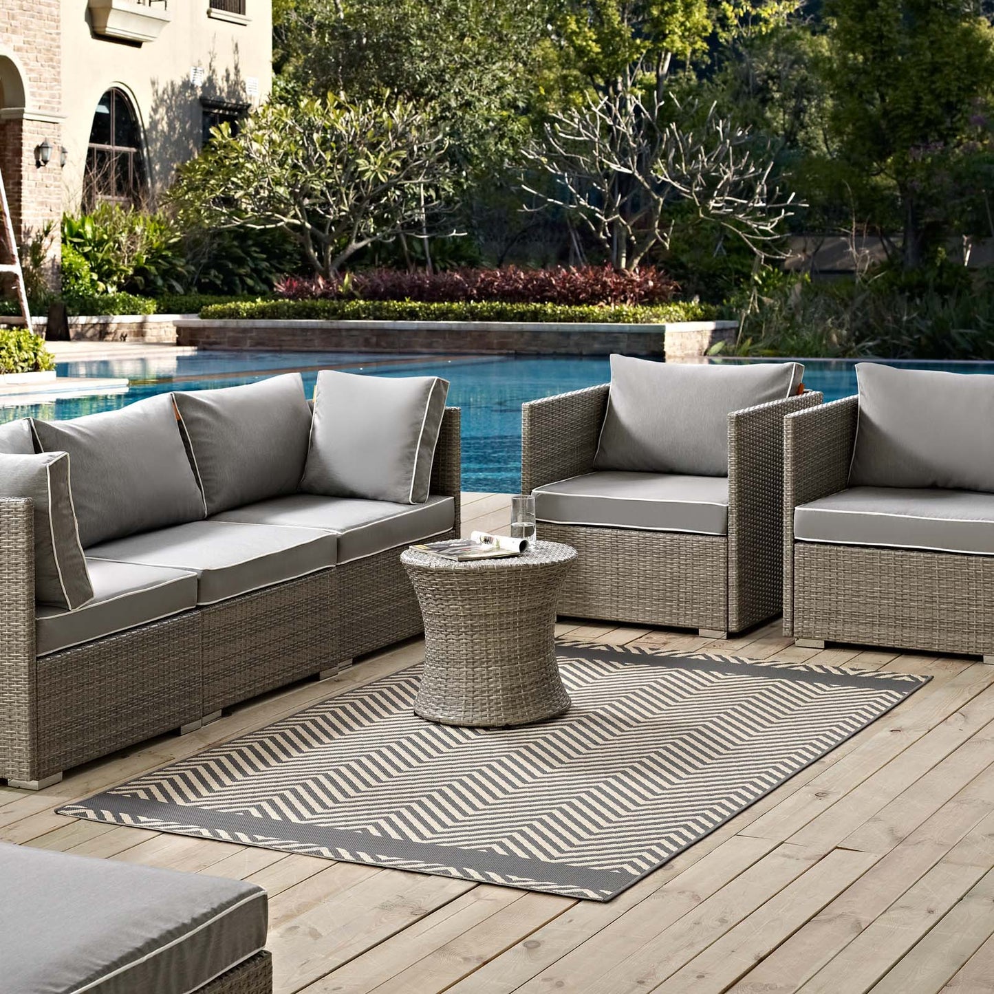 Modway Outlet Optica Chevron With End Borders Indoor and Outdoor 5x8 Area Rug by Modway  Living Room Rugs Gray and Beige - R-1141B-58