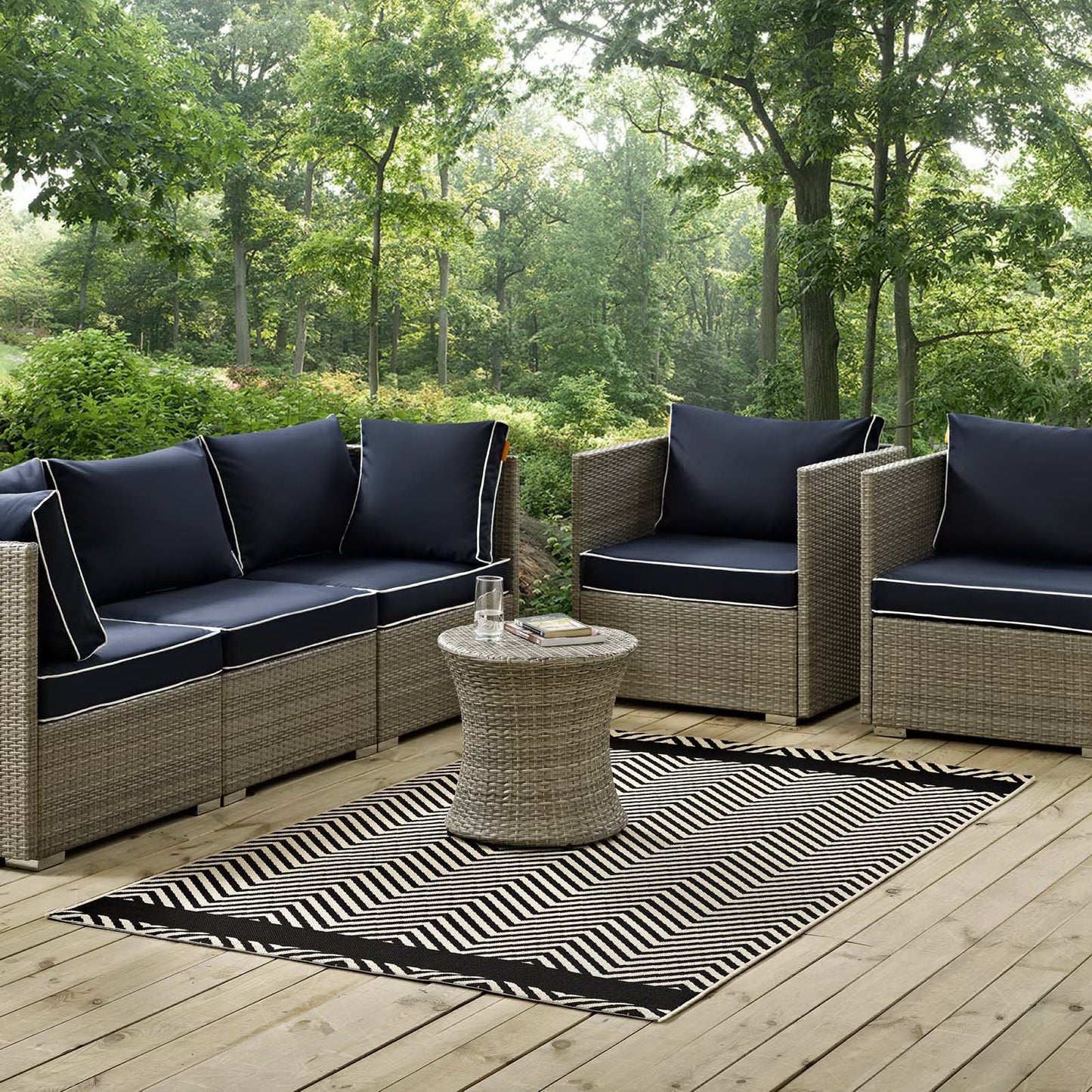 Modway Outlet Optica Chevron With End Borders Indoor and Outdoor 5x8 Area Rug by Modway  Living Room Rugs Black and Beige - R-1141C-58