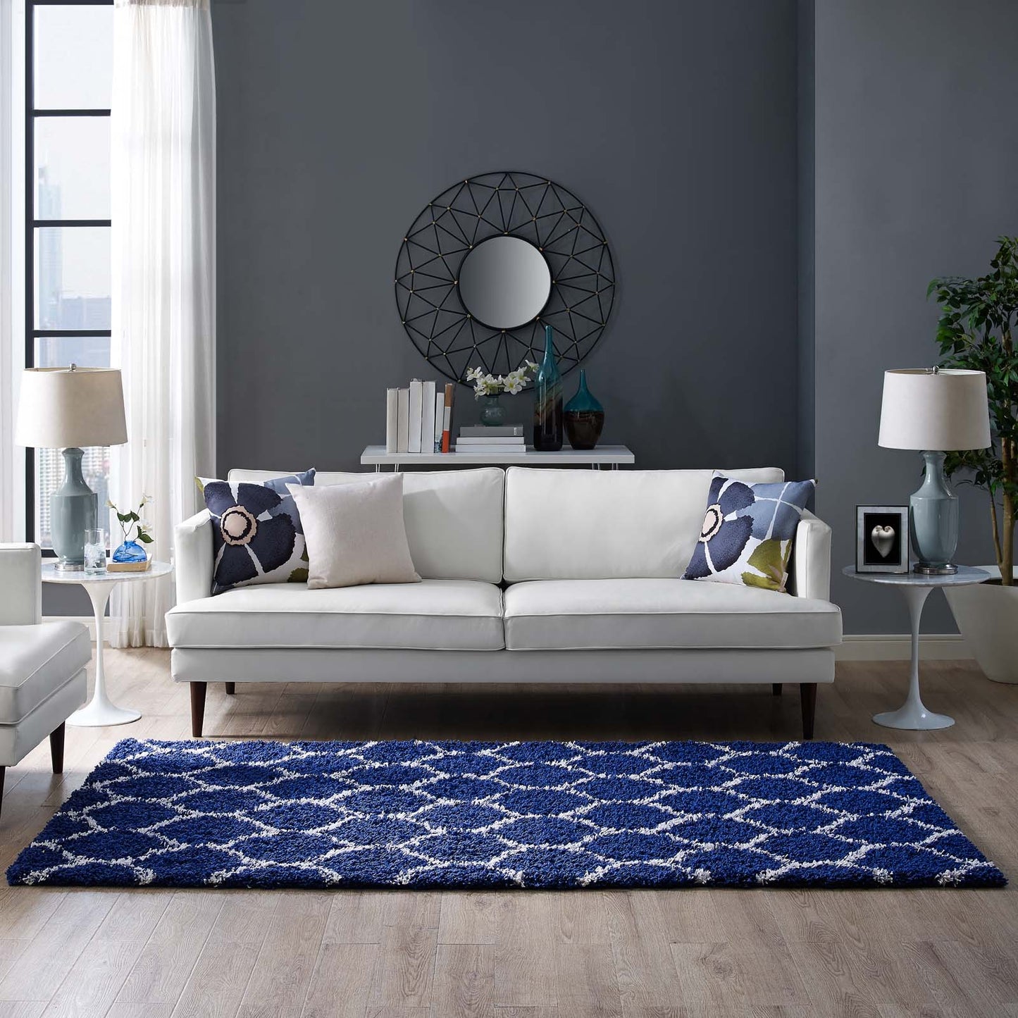 Modway Outlet Solvea Moroccan Trellis 5x8 Shag Area Rug by Modway  Living Room Rugs Navy and Ivory - R-1143A-58