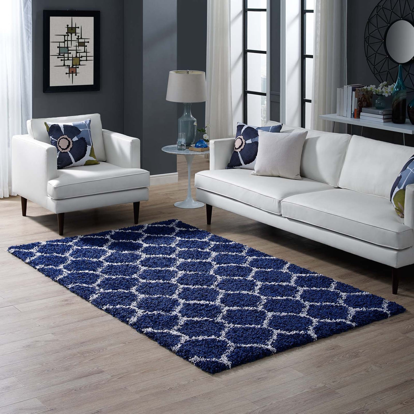 Modway Outlet Solvea Moroccan Trellis 5x8 Shag Area Rug by Modway  Living Room Rugs Navy and Ivory - R-1143A-58
