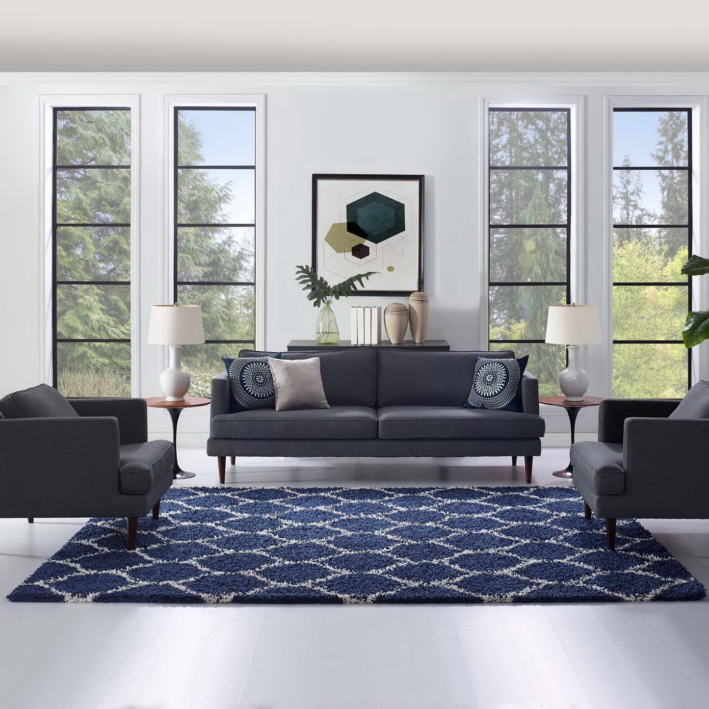 Modway Outlet Solvea Moroccan Trellis 8x10 Shag Area Rug by Modway  Living Room Rugs Navy and Ivory - R-1143A-810