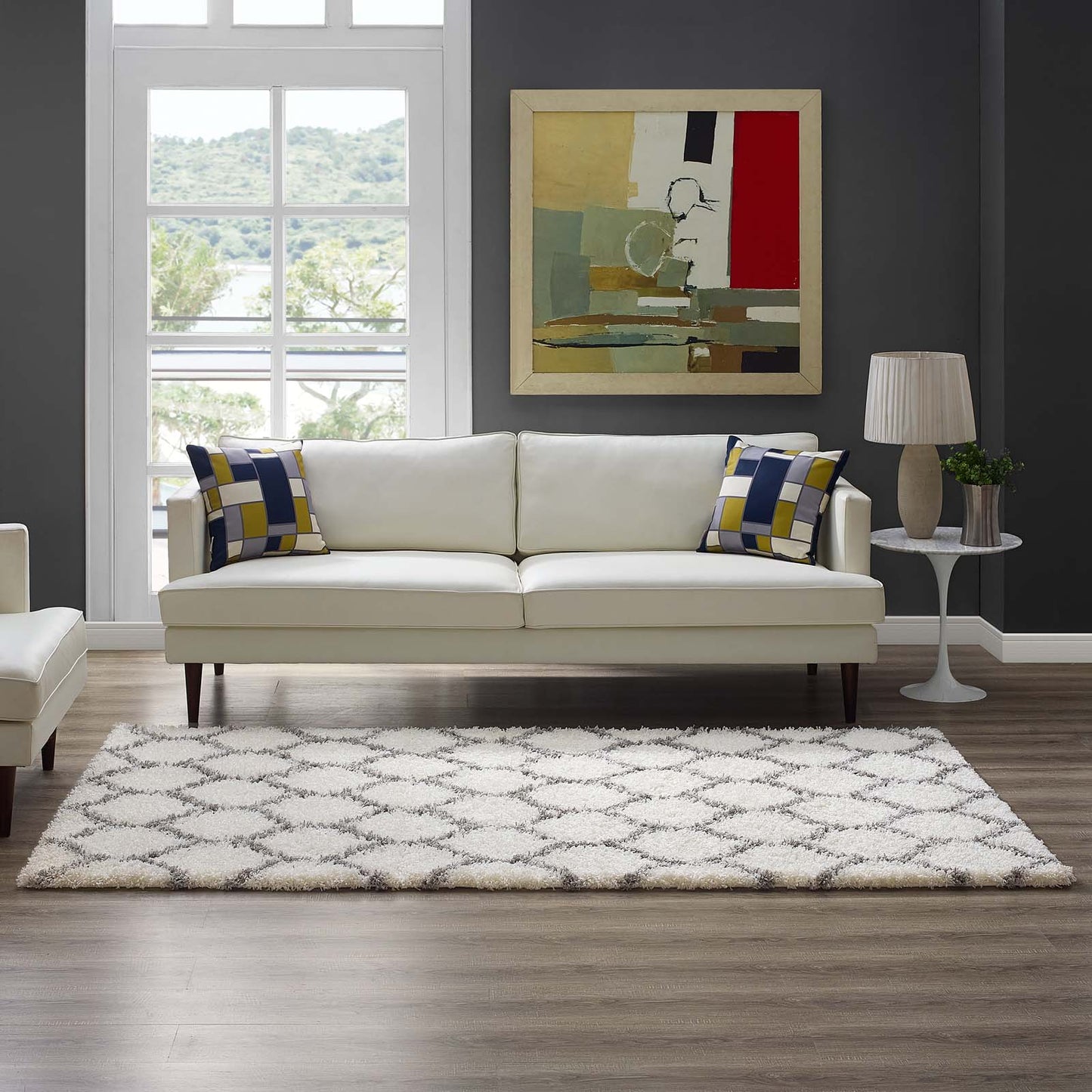 Modway Outlet Solvea Moroccan Trellis 5x8 Shag Area Rug by Modway  Living Room Rugs Ivory and Gray - R-1143C-58