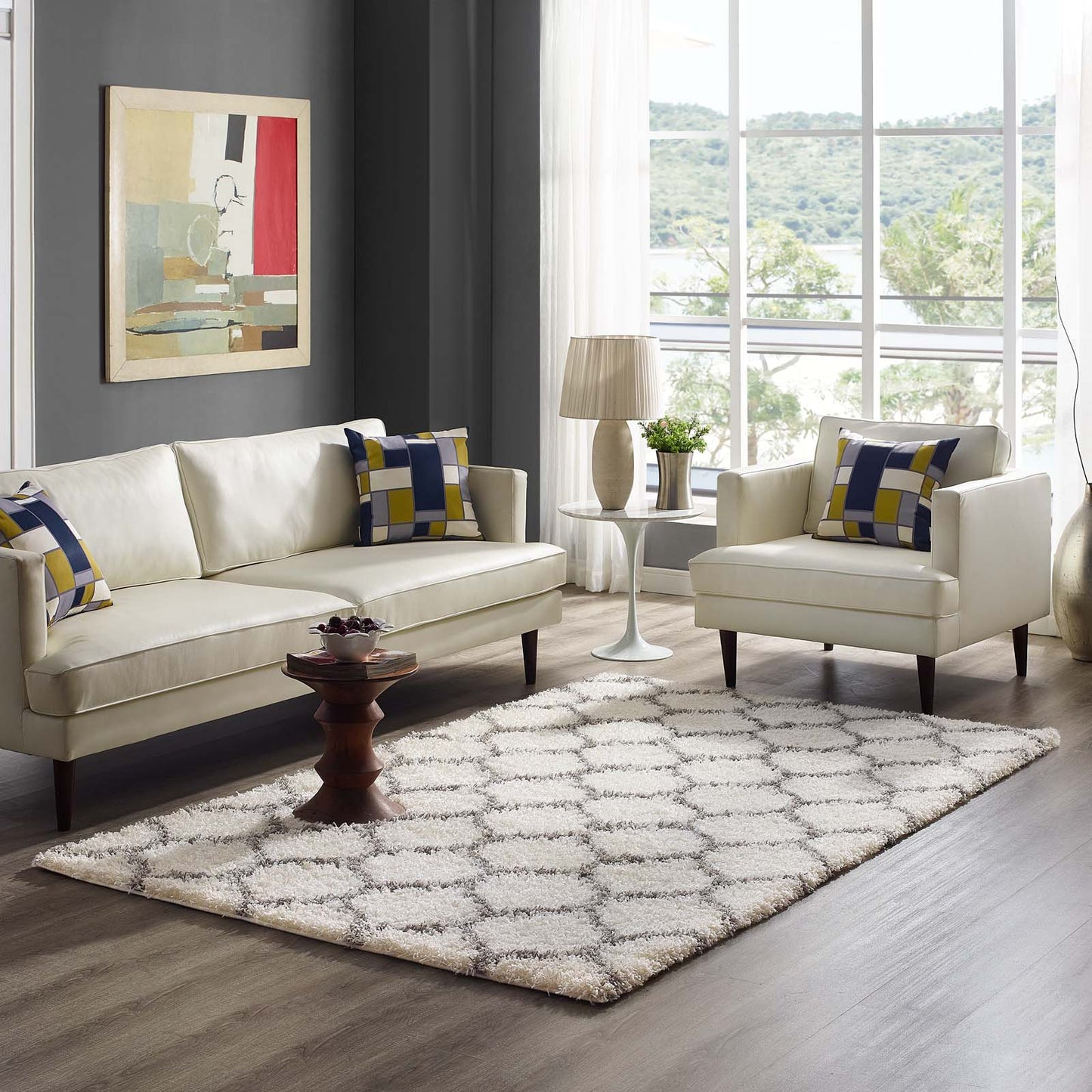 Modway Outlet Solvea Moroccan Trellis 5x8 Shag Area Rug by Modway  Living Room Rugs Ivory and Gray - R-1143C-58