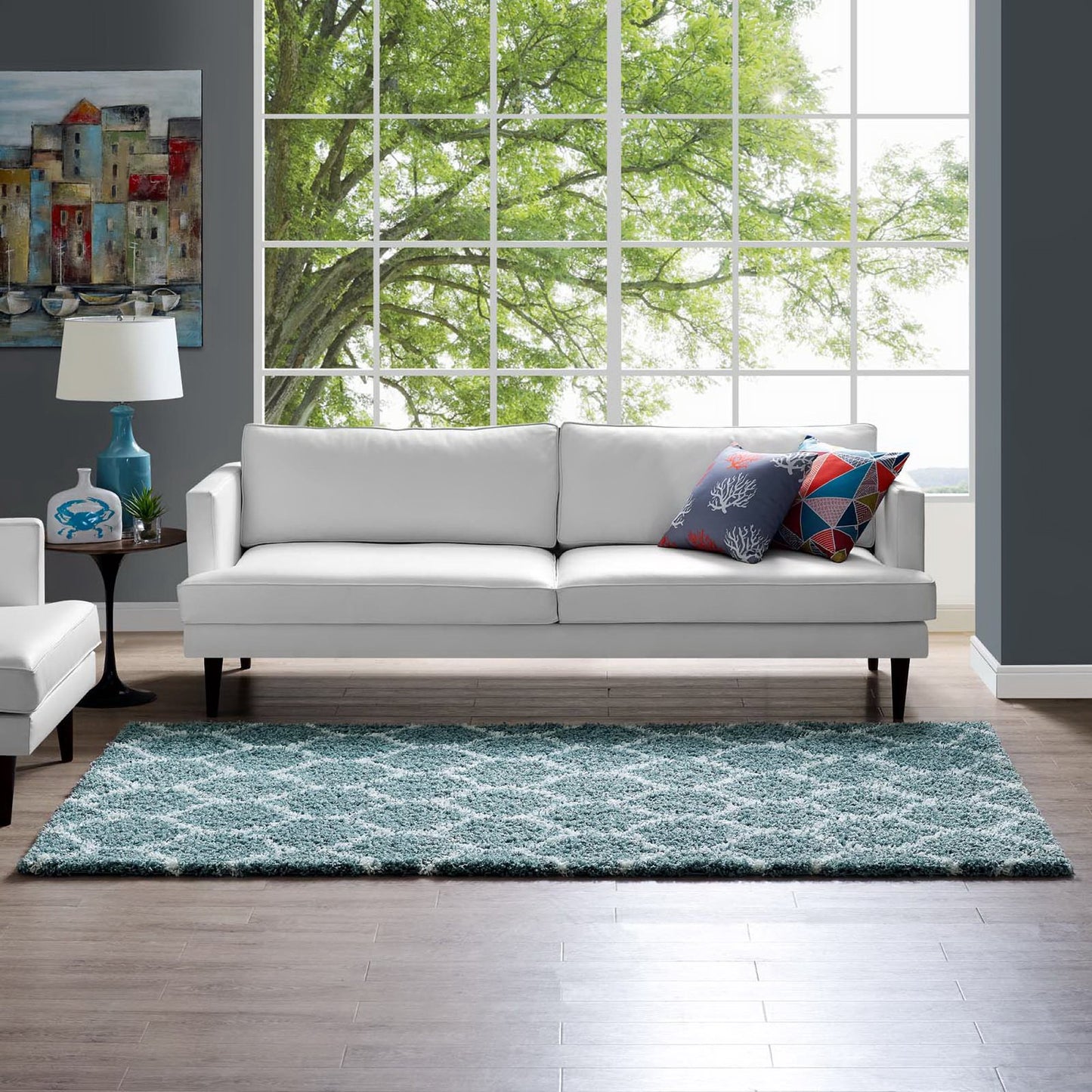 Modway Outlet Solvea Moroccan Trellis 5x8 Shag Area Rug by Modway  Living Room Rugs Aqua Blue and Ivory - R-1143E-58
