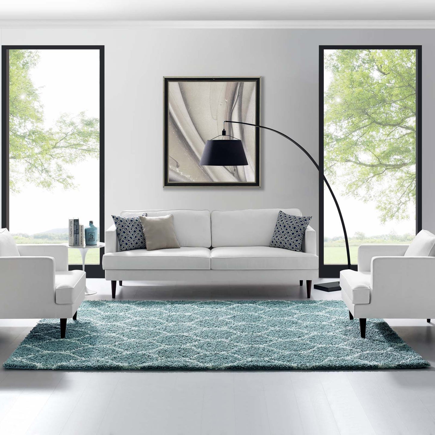 Modway Outlet Solvea Moroccan Trellis 8x10 Shag Area Rug by Modway  Living Room Rugs Aqua Blue and Ivory - R-1143E-810