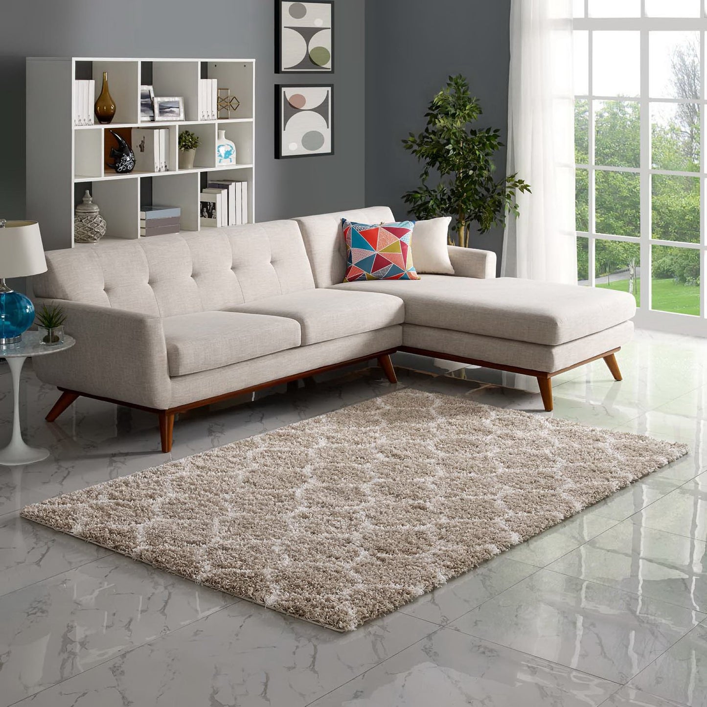 Modway Outlet Solvea Moroccan Trellis 5x8 Shag Area Rug by Modway  Living Room Rugs Beige and Ivory - R-1143F-58