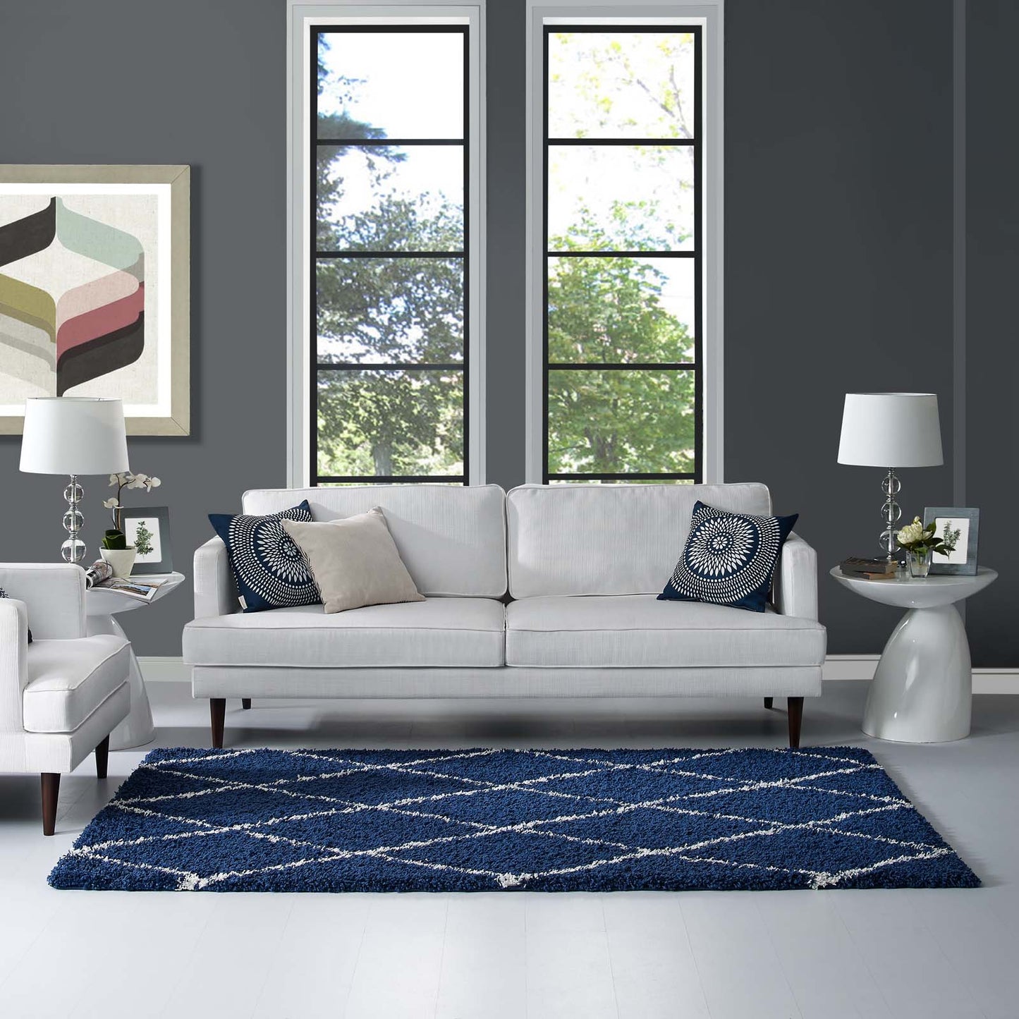 Modway Outlet Toryn Diamond Lattice 5x8 Shag Area Rug by Modway  Living Room Rugs Navy and Ivory - R-1144A-58