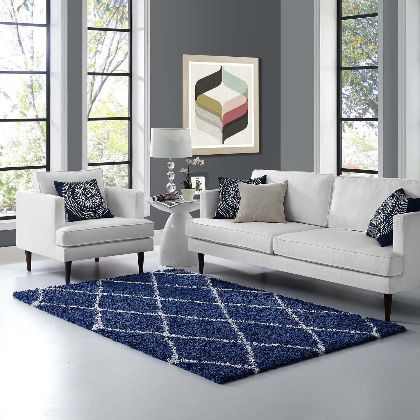 Modway Outlet Toryn Diamond Lattice 5x8 Shag Area Rug by Modway  Living Room Rugs Navy and Ivory - R-1144A-58