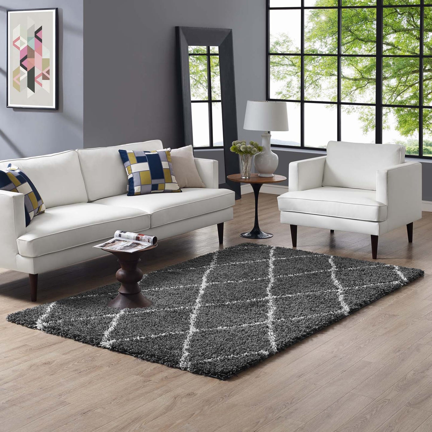 Modway Outlet Toryn Diamond Lattice 5x8 Shag Area Rug by Modway  Living Room Rugs Dark Gray and Ivory - R-1144D-58
