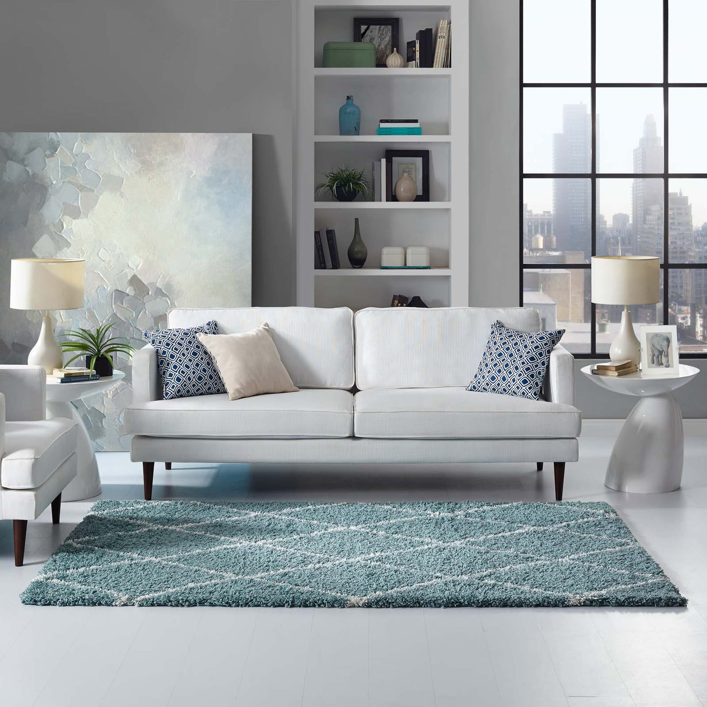 Modway Outlet Toryn Diamond Lattice 5x8 Shag Area Rug by Modway  Living Room Rugs Aqua Blue and Ivory - R-1144E-58