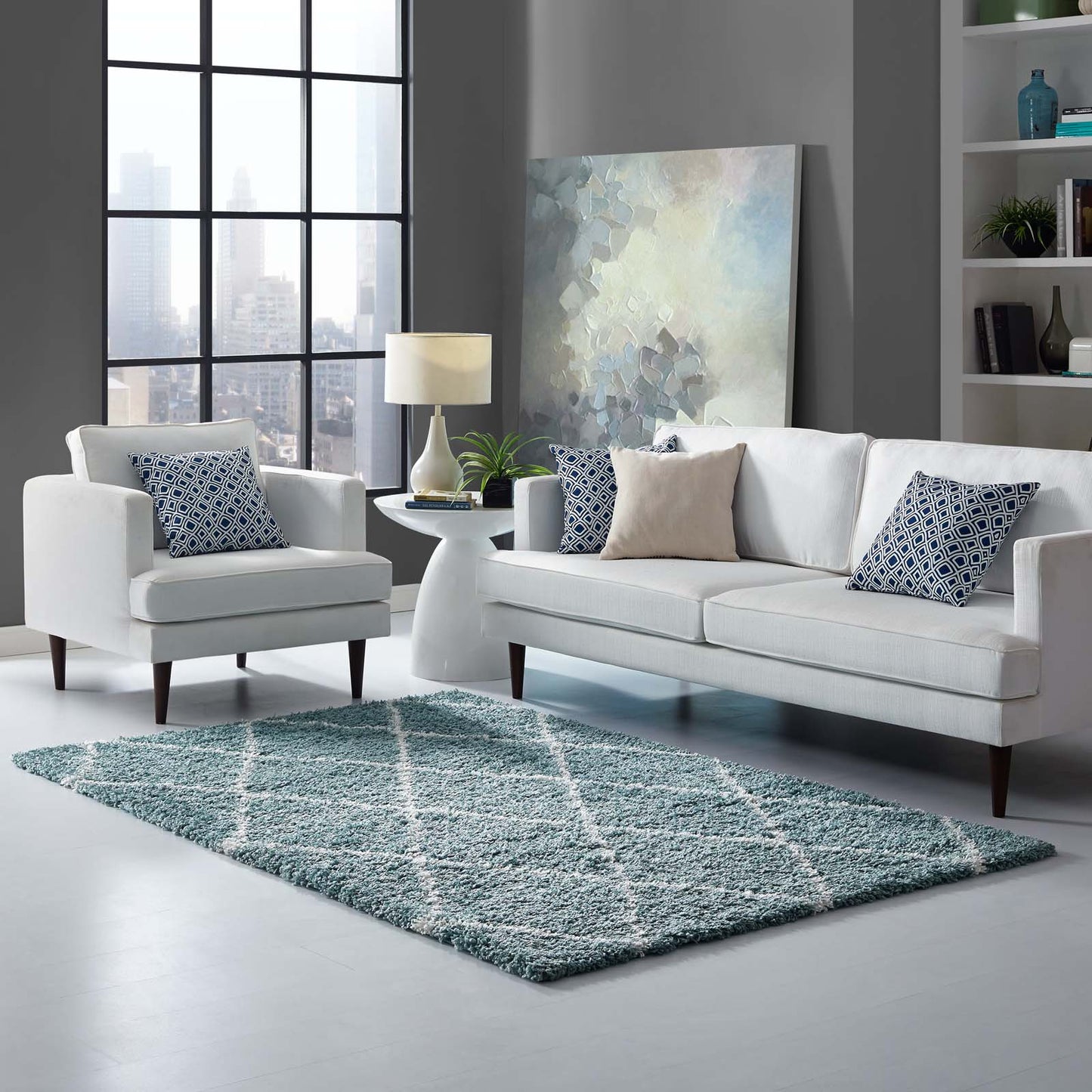 Modway Outlet Toryn Diamond Lattice 5x8 Shag Area Rug by Modway  Living Room Rugs Aqua Blue and Ivory - R-1144E-58