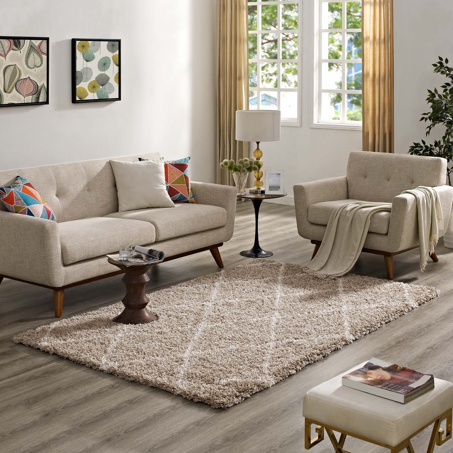 Modway Outlet Toryn Diamond Lattice 5x8 Shag Area Rug by Modway  Living Room Rugs Beige and Ivory - R-1144F-58