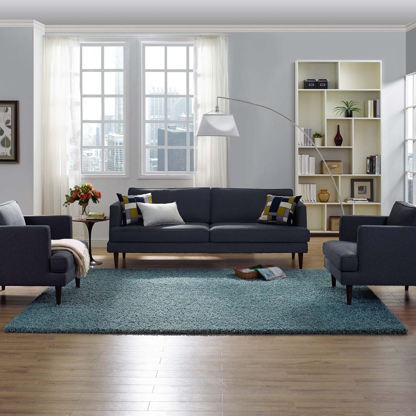 Modway Outlet Enyssa Solid 8x10 Shag Area Rug by Modway  Living Room Rugs Aqua Blue and Ivory - R-1145E-810