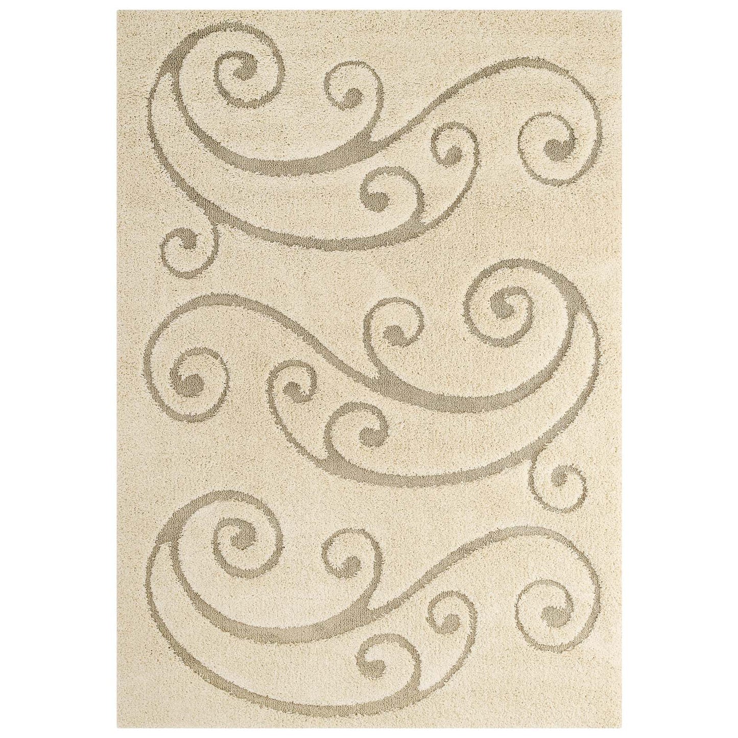 Beige rectangular area rug with taupe scrolling vine pattern and shag pile.
