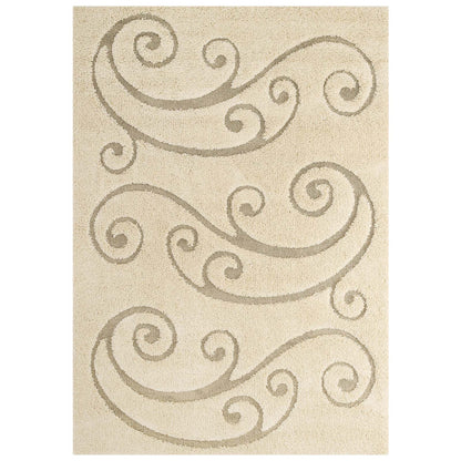 Beige rectangular area rug with taupe scrolling vine pattern and shag pile.
