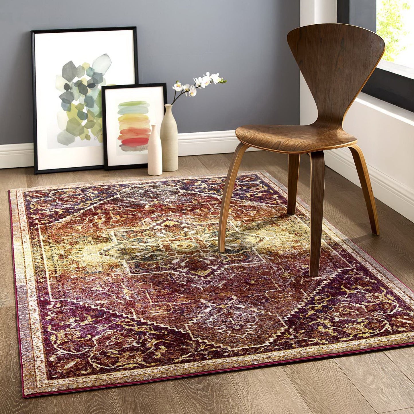 Modway Outlet Success Kaede Transitional Distressed Vintage Floral Vintage Medallion 4x6 Area Rug by Modway  Living Room Rugs Multicolored - R-1157A-46
