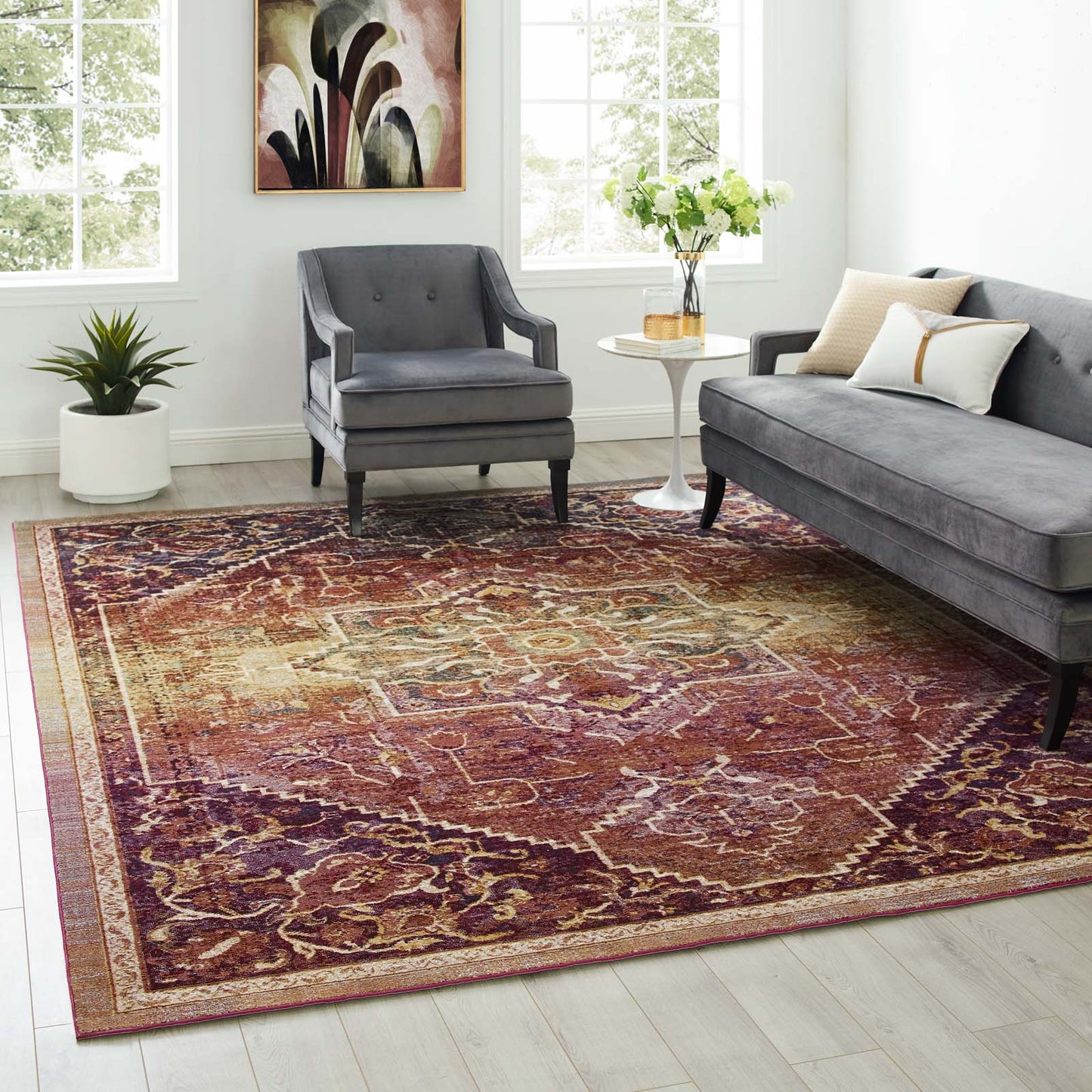 Modway Outlet Success Kaede Transitional Distressed Vintage Floral Vintage Medallion 8x10 Area Rug by Modway  Living Room Rugs Multicolored - R-1157A-810