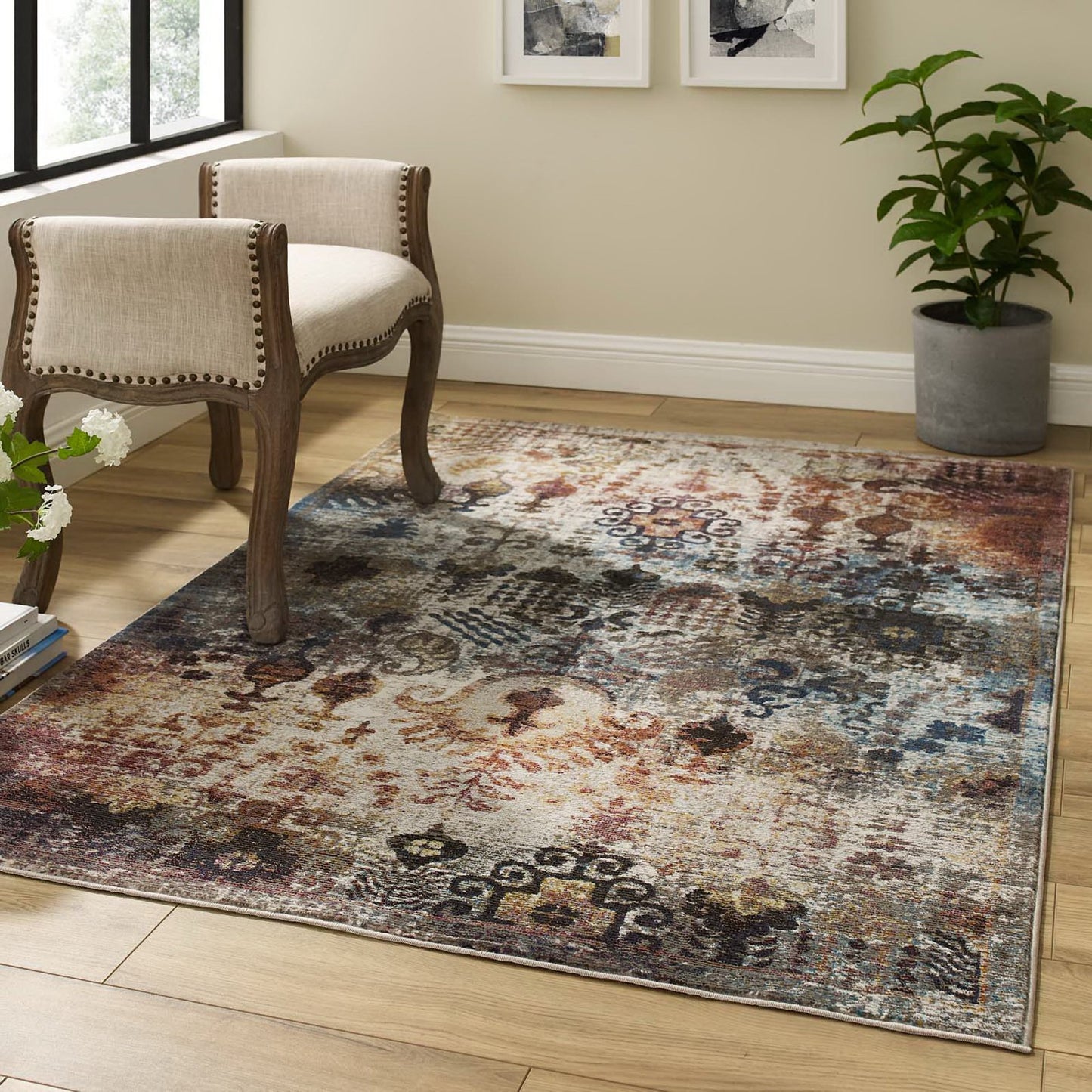 Modway Outlet Success Tahira Transitional Distressed Vintage Floral Moroccan Trellis 4x6 Area Rug by Modway  Living Room Rugs Multicolored - R-1159A-46