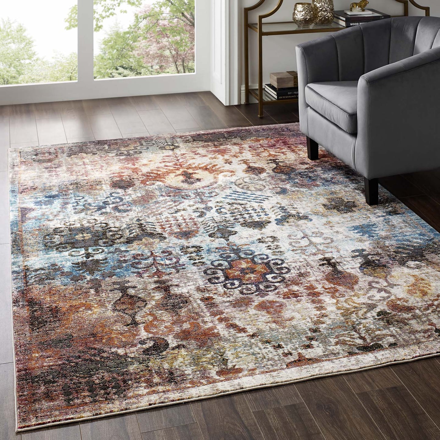 Modway Outlet Success Tahira Transitional Distressed Vintage Floral Moroccan Trellis 5x8 Area Rug by Modway  Living Room Rugs Multicolored - R-1159A-58