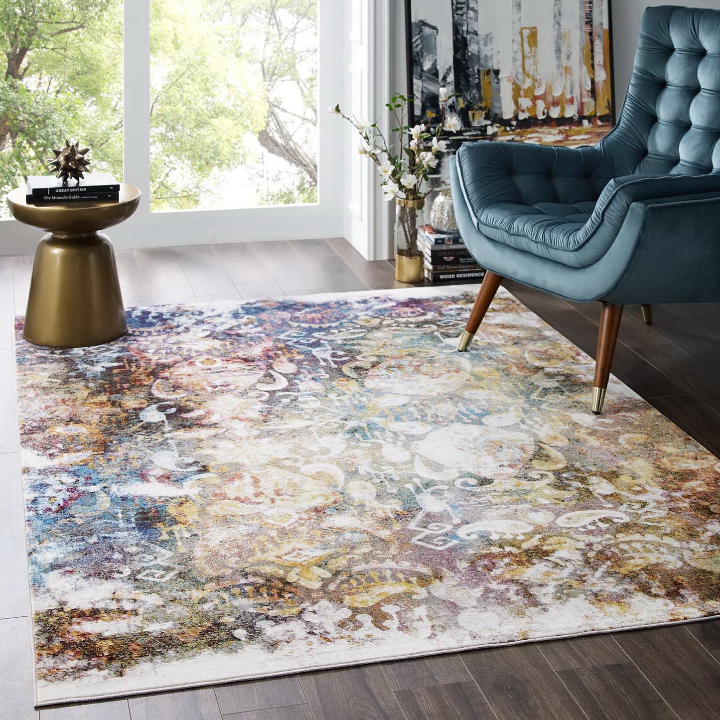 Modway Outlet Success Jayla Transitional Distressed Vintage Floral Moroccan Trellis 4x6 Area Rug by Modway  Living Room Rugs Multicolored - R-1160A-46