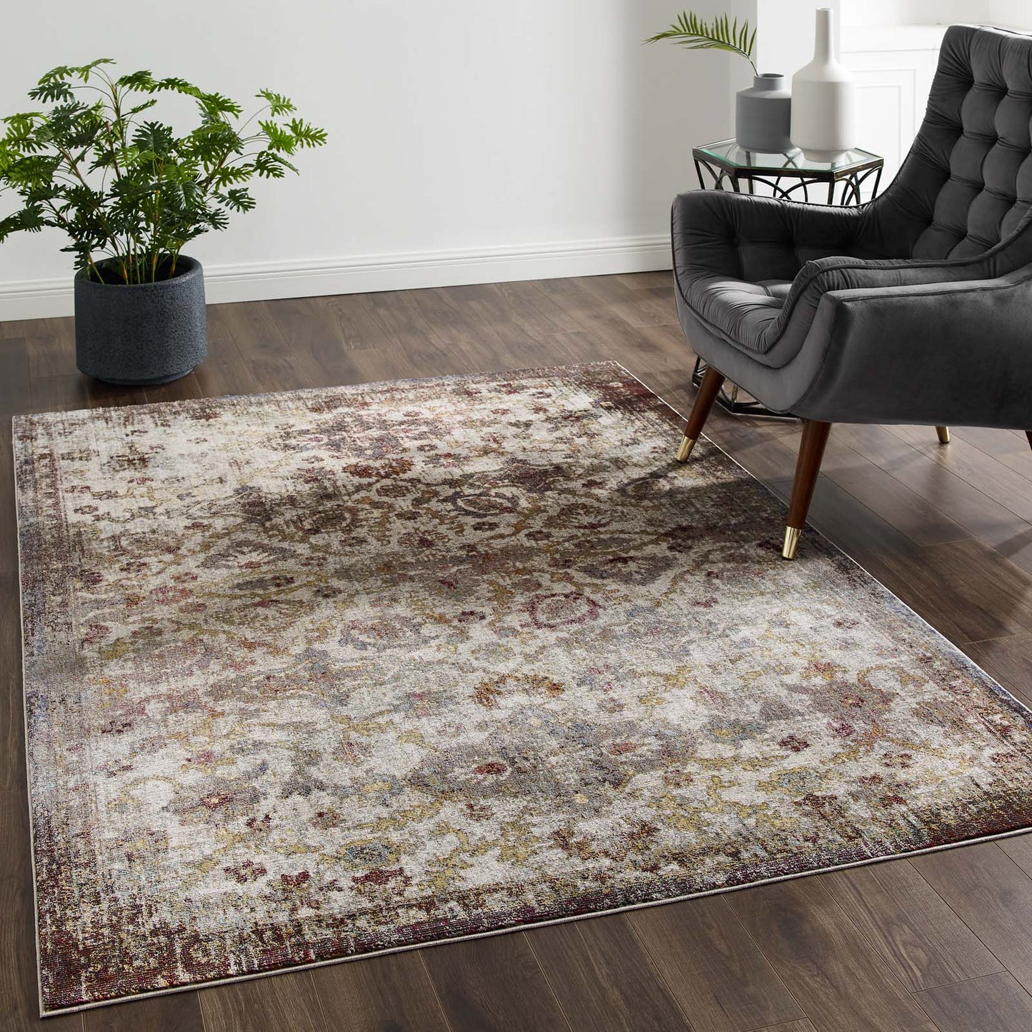 Modway Outlet Success Kaede Distressed Vintage Floral Moroccan Trellis 5x8 Area Rug by Modway  Living Room Rugs Multicolored - R-1161A-58