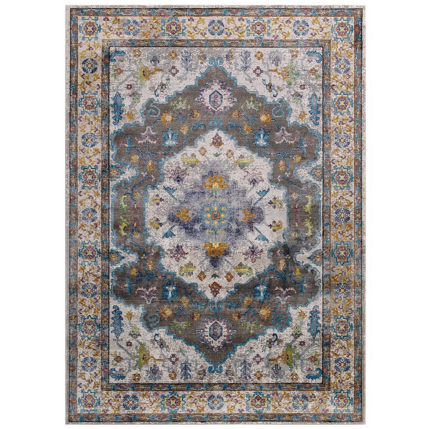 Modway Outlet Success Anisah Distressed Floral Vintage Medallion 4x6 Area Rug by Modway  Living Room Rugs Gray Ivory Yellow Orange - R-1163A-46