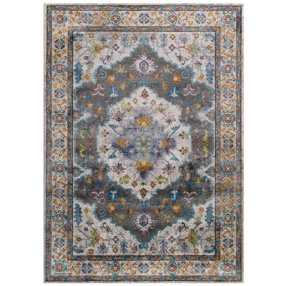 Modway Outlet Success Anisah Distressed Floral Vintage Medallion 4x6 Area Rug by Modway  Living Room Rugs Gray Ivory Yellow Orange - R-1163A-46