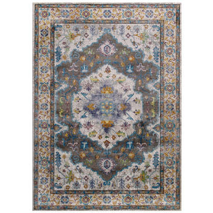Modway Outlet Success Anisah Distressed Floral Vintage Medallion 5x8 Area Rug by Modway  Living Room Rugs Gray Ivory Yellow Orange - R-1163A-58