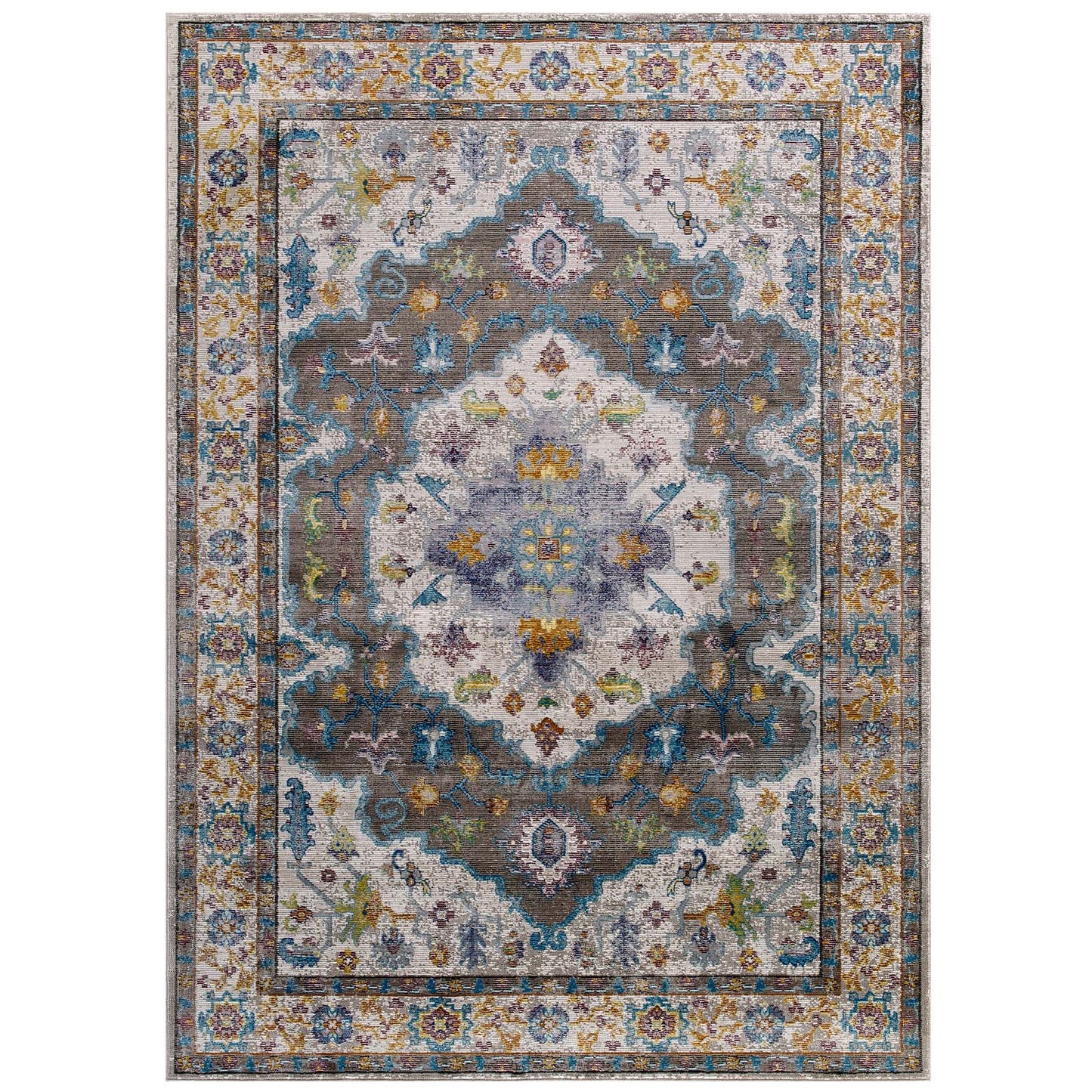 Modway Outlet Success Anisah Distressed Floral Vintage Medallion 8x10 Area Rug by Modway  Living Room Rugs Gray Ivory Yellow Orange - R-1163A-810